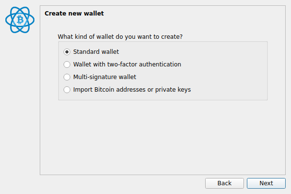 Electrum — выбор стандартного типа кошелька (Standard wallet)