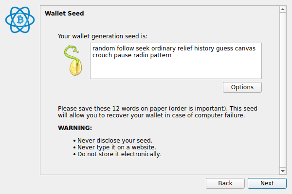 Electrum — сгенерированная seed-фраза из 12 слов