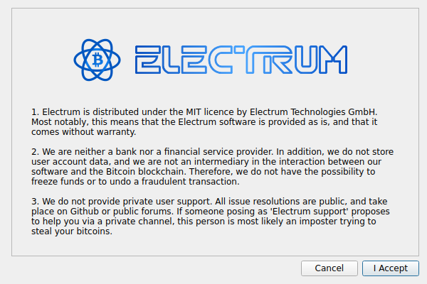 Electrum 4.7.2 — безопасный Bitcoin-кошелёк, экран приветствия
