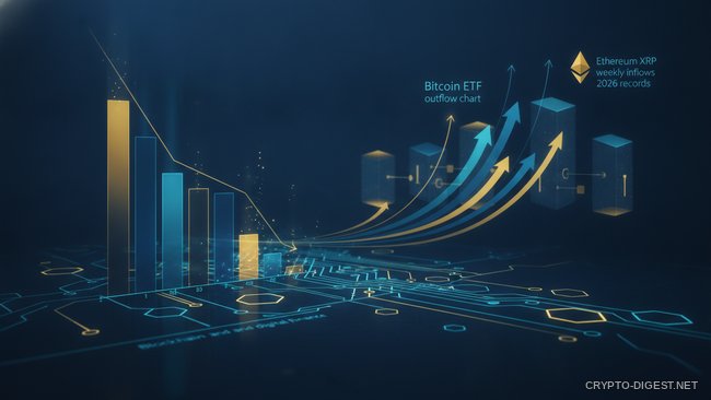 сравнение недельных притоков в Bitcoin ETF, Ethereum ETF и XRP ETF в 2026 году