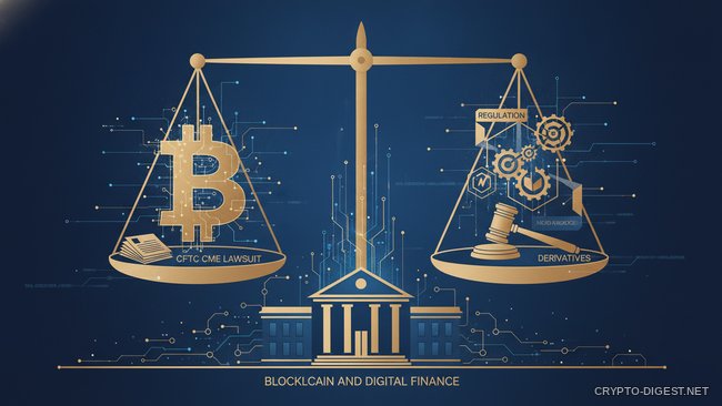 весы правосудия на фоне торговых графиков Bitcoin-перпетуальных фьючерсов