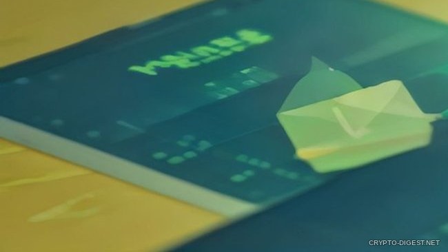 Размытый планшет на жёлтом столе с зелёным графиком свечей, тема Uniswap