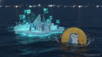 Группа мультяшных пингвинов Pudgy Penguins стоит на песке