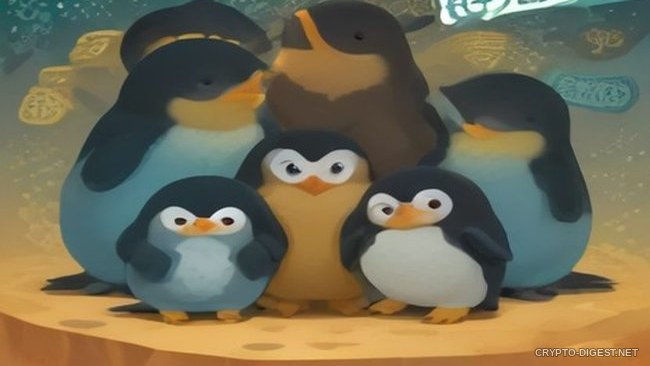 Группа мультяшных пингвинов Pudgy Penguins стоит на песке