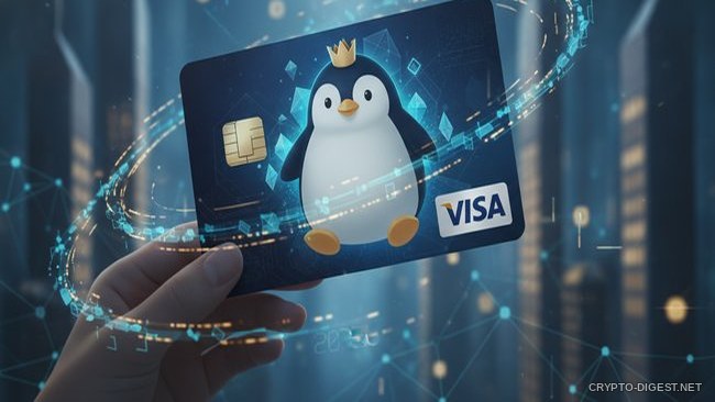 Рука держит карту Visa с пингвином Pudgy Penguins в короне