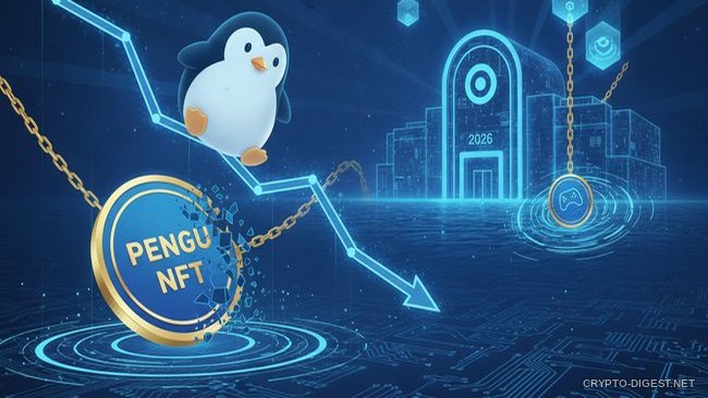 Пингвин Pudgy Penguins на падающей стрелке рядом с монетой PENGU NFT