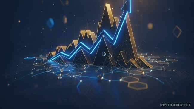 Рост криптовалюты BLESS: золотая и синяя стрелки графика над сетью узлов