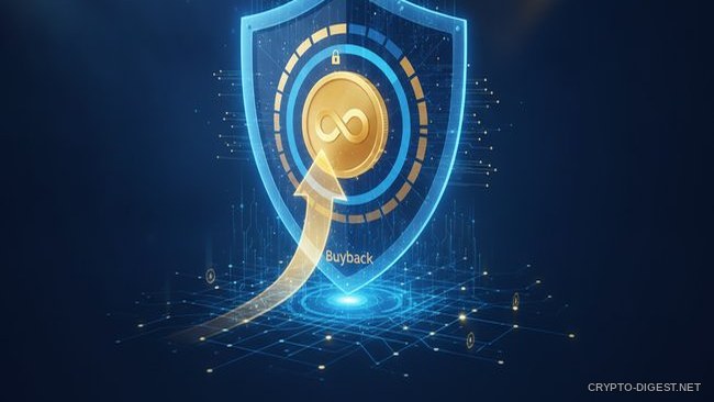 Синий щит с золотой монетой и восходящая стрелка Buyback, тема Hyperliquid