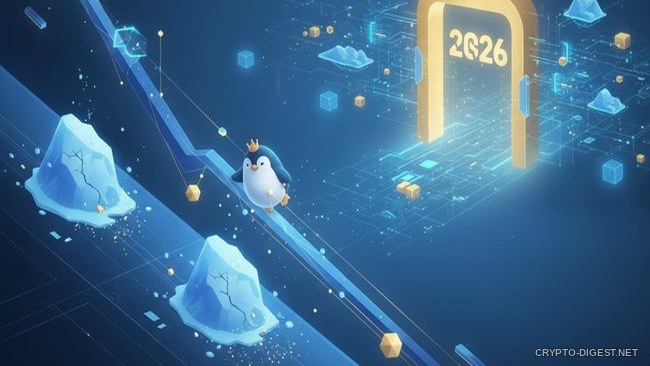 Пингвин в короне на нисходящей линии графика среди льдин, тема PENGU