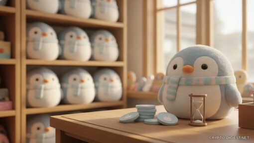 3D-пингвины Pudgy Penguins со светящимися значками у платёжного терминала Visa