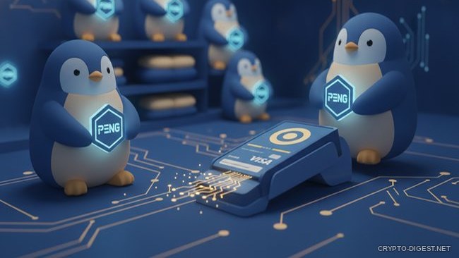 3D-пингвины Pudgy Penguins со светящимися значками у платёжного терминала Visa