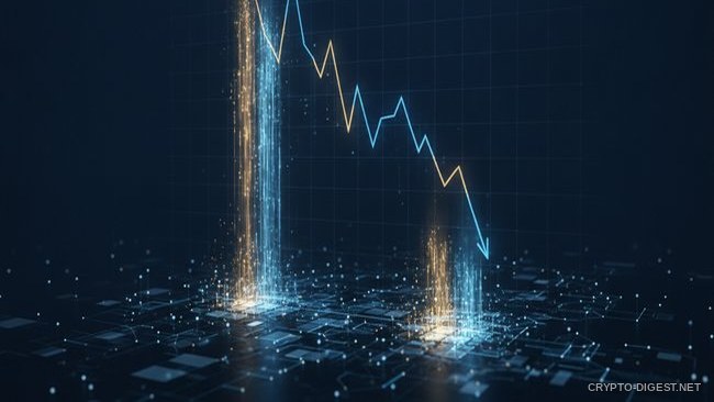Падающий график перп-DEX над светящейся цифровой сеткой