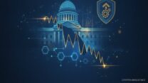 Падающий график XRP у здания с куполом и подпись CLARITY Act