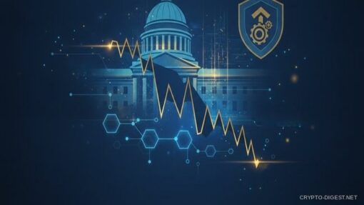 Падающий график XRP у здания с куполом и подпись CLARITY Act