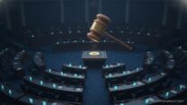Засідання сенаторів біля екранів, суддівський молоток на табло, Капітолій на тлі