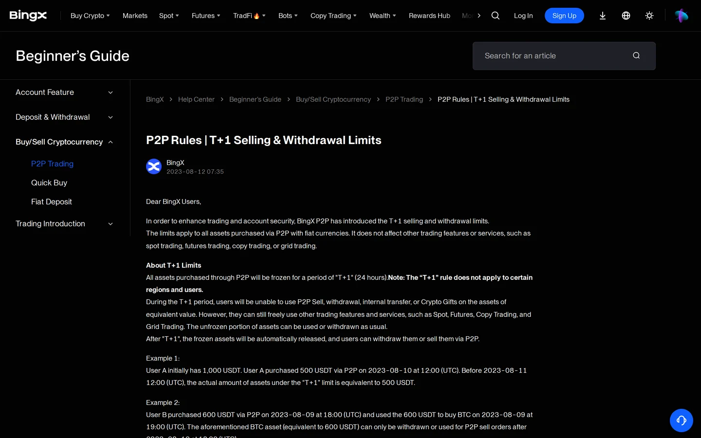 Правило T+1 на P2P BingX: купленные активы замораживаются на 24 часа для продажи на P2P, вывода и переводов