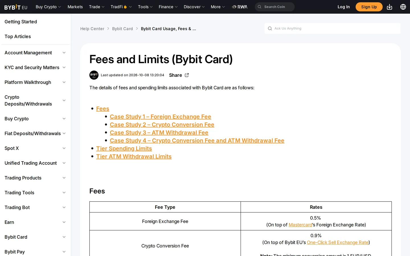 Комиссии карты Bybit Card на bybit.eu: 0,5 % за оплату в другой валюте, 0,9 % за конвертацию крипты