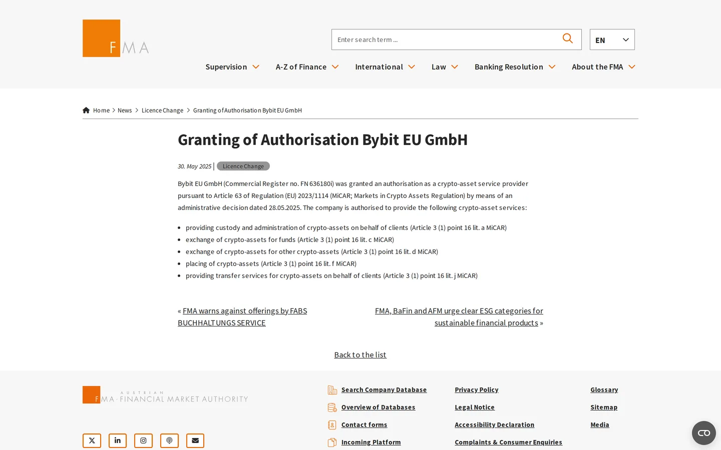 Страница FMA Австрии о разрешении CASP для Bybit EU GmbH, FN 636180i
