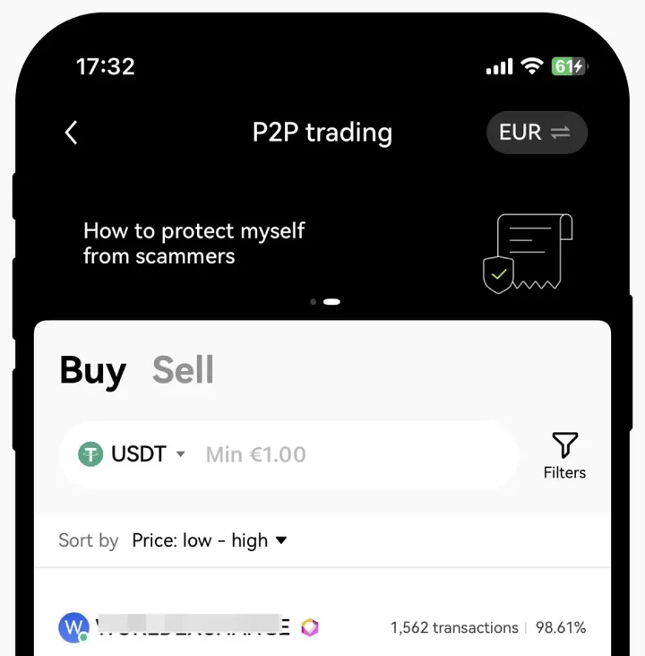 Вход в P2P-торговлю OKX — в телефоне